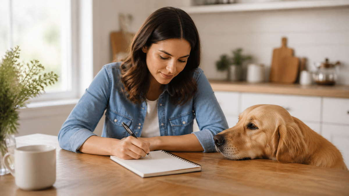 When a Veterinary Practice Changes Hands: Record Continuity for Pet Families 2 A pet owner writing notes beside a calm golden retriever