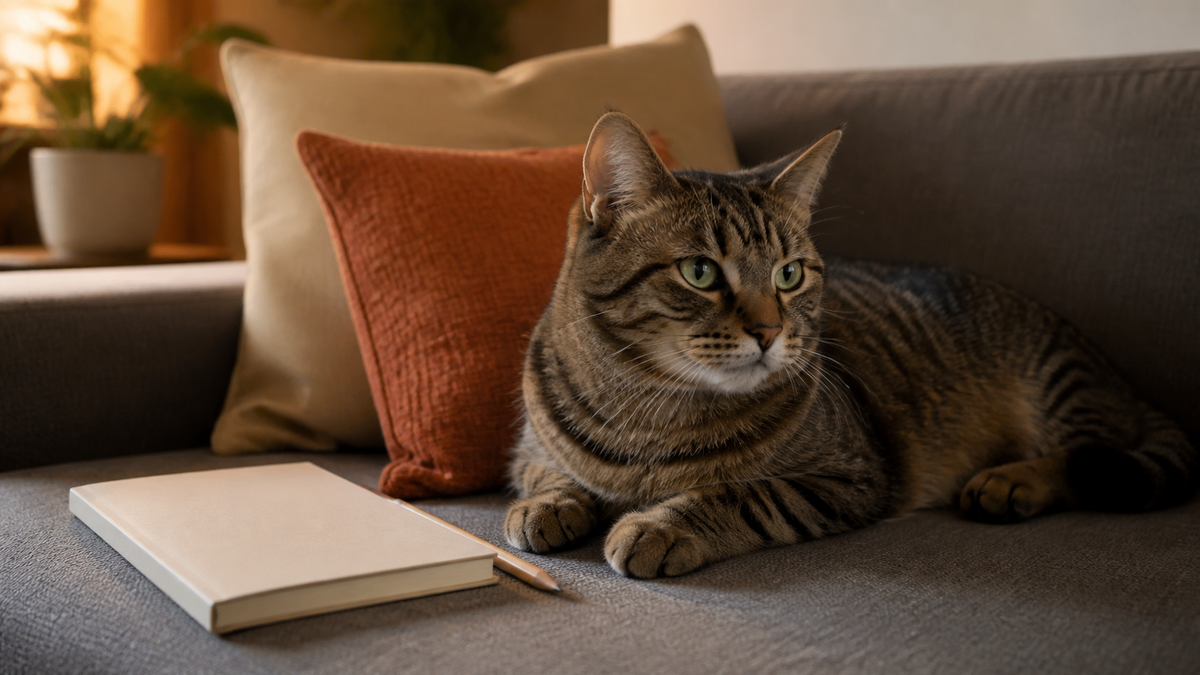When a Veterinary Practice Changes Hands: Record Continuity for Pet Families 3 A calm tabby cat beside a blank notebook on a sofa